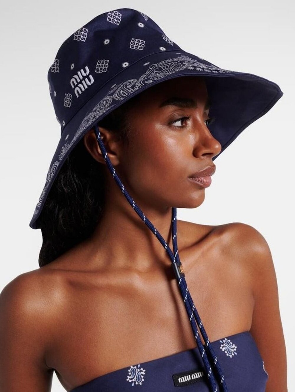 🔥NWT‼️ ✨Miu Miu✨ Authentic Navy Blue Bandana-Print Wide-Brim Bucket Hat